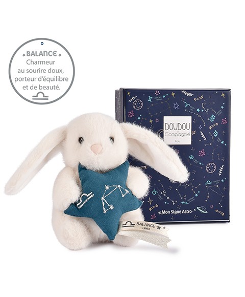 Peluche lapin Doudou Astro Balance blanc tenant une étoile bleue brodée de la constellation, avec étiquette du signe .