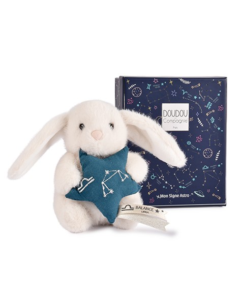 Peluche lapin Doudou Astro Balance blanc tenant une étoile bleue brodée de la constellation, avec étiquette du signe .