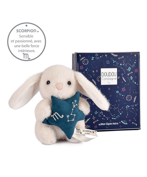 Peluche lapin Doudou Astro Scorpion blanc tenant une étoile bleue brodée de la constellation, avec étiquette du signe.