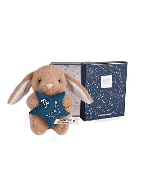 Peluche lapin Astro Capricorne beige tenant une étoile bleue brodée de la constellation, avec étiquette du signe,