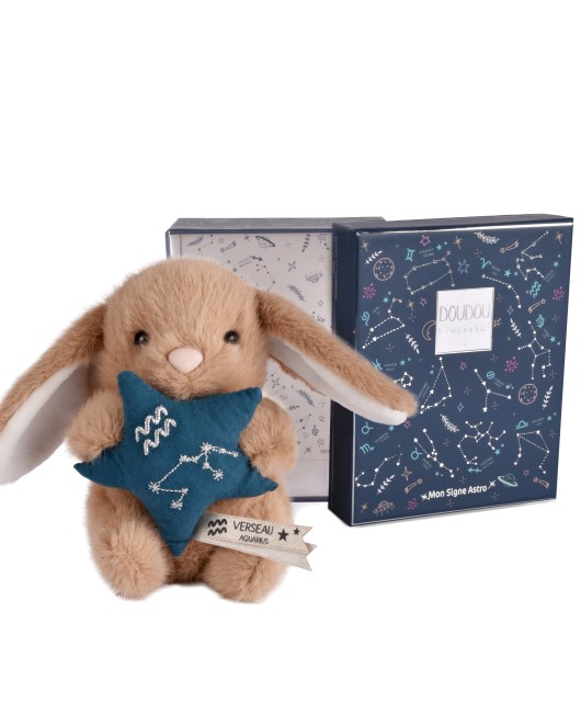 Peluche lapin Doudou Astro Verseau marron tenant une étoile bleue brodée de la constellation, avec étiquette du signe.