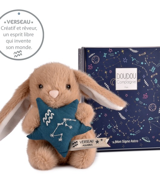 Peluche lapin Doudou Astro Verseau marron tenant une étoile bleue brodée de la constellation, avec étiquette du signe.