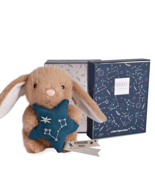 Peluche lapin Doudou Astro Poisson marron tenant une étoile bleue brodée de la constellation, avec étiquette du signe, sur fond blanc.