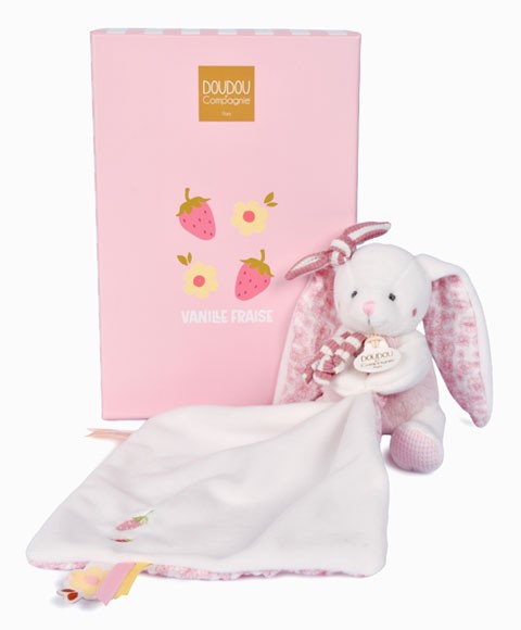 Pantin avec doudou - Lapin Vanille - Fraise - 10 cm