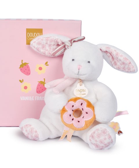 Doudou lapin avec donut rose - 20 cm - Vanille Fraise