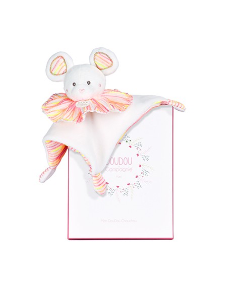 Doudou plat souris blanc avec collerette multicolore pastel rose, pêche et jaune, texture douce et détails brodés