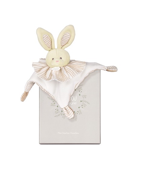 Doudou plat lapin beige Les Chouchoux avec collerette rayée ton sur ton, matière douce et détails brodés