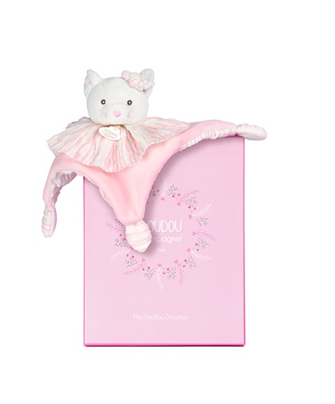 doudou plat chat rose avec colerette rayures