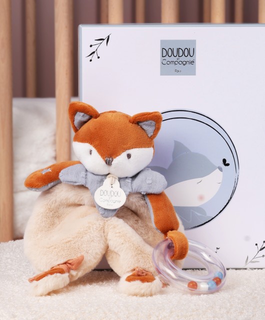 Doudou hochet renard bleu texturé, tête et collerette couleur terracotta détails brodés