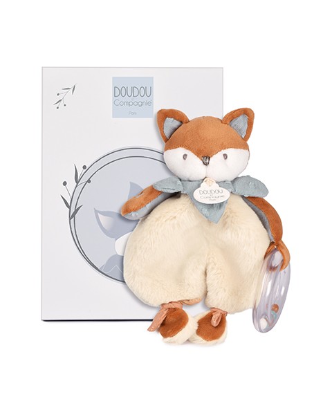 Doudou hochet renard bleu texturé, tête et collerette couleur terracotta détails brodés