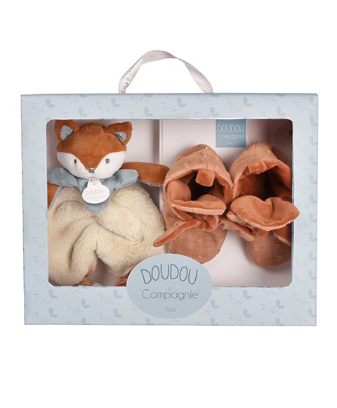 coffret cadeau naissance garcon chaussons et doudou renard