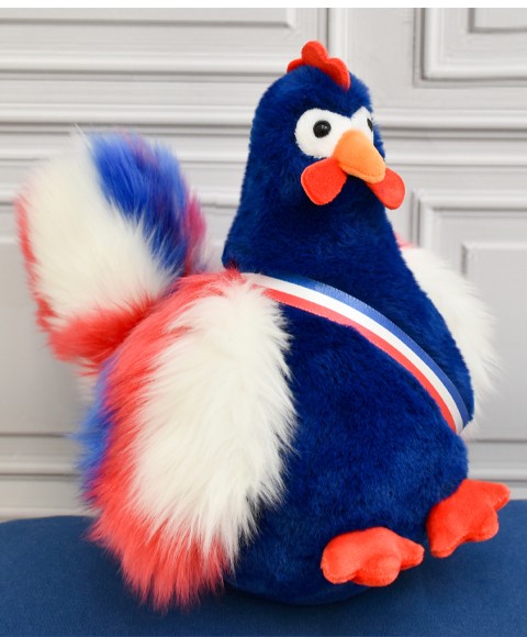 Peluche coq bleu marine avec écharpe bleu blanc rouge