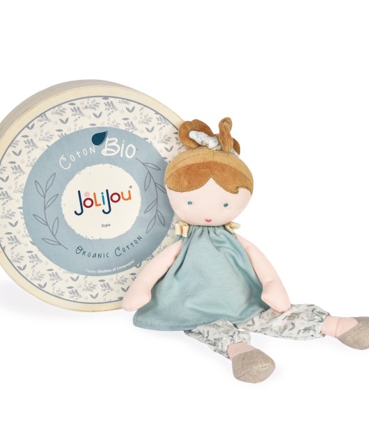 poupee de chiffon avec couette brune, robe vert et pantalon imprimé en coton bio - Jolijou