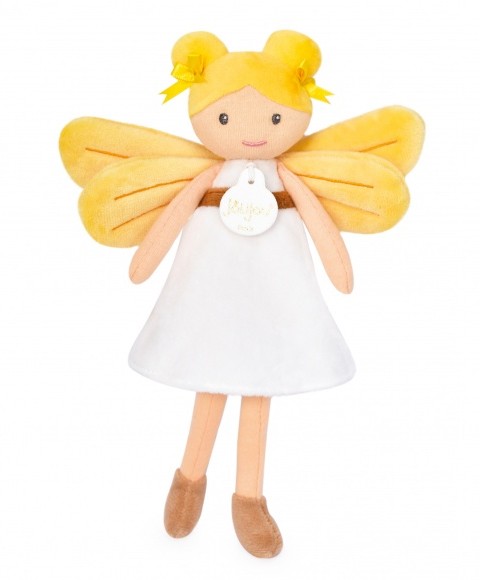 poupée tissu fée blonde avec robe blanche et ailes jaunes - Jolijou