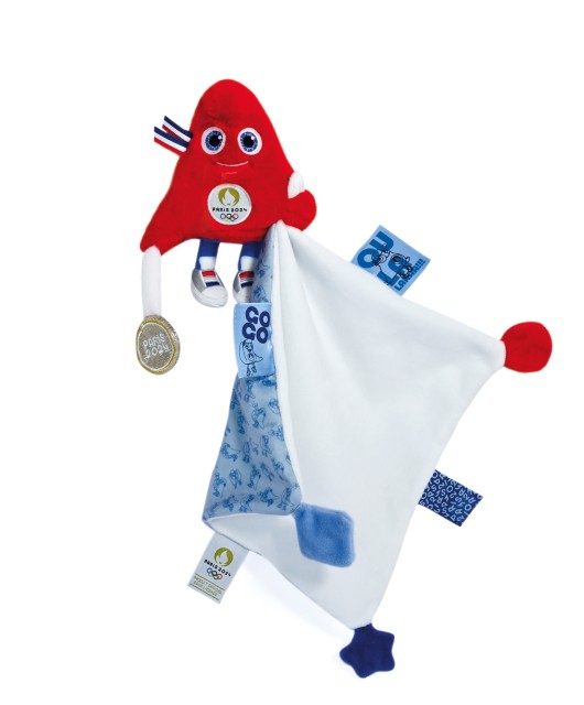 doudou carré blanc avec étiquettes et peluche mascotte jeux olympiques