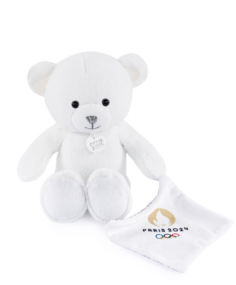 Ours en peluche blanc avec doudou paris 2024 - 25 cm