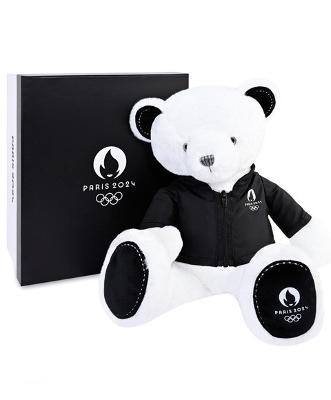ours blanc jo2024 habillé d'une veste noire, pate brodée jo2024