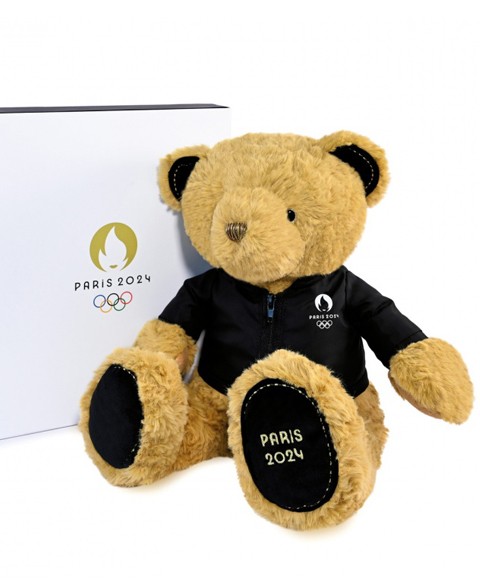Ours en peluche marron Paris 2024 avec veste noire brodée - 40 cm