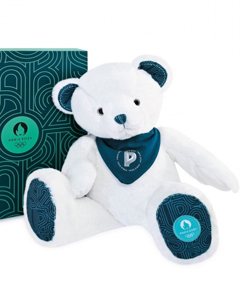 Ours en peluche Premium blanc avec bandana bleu paon - 37 cm