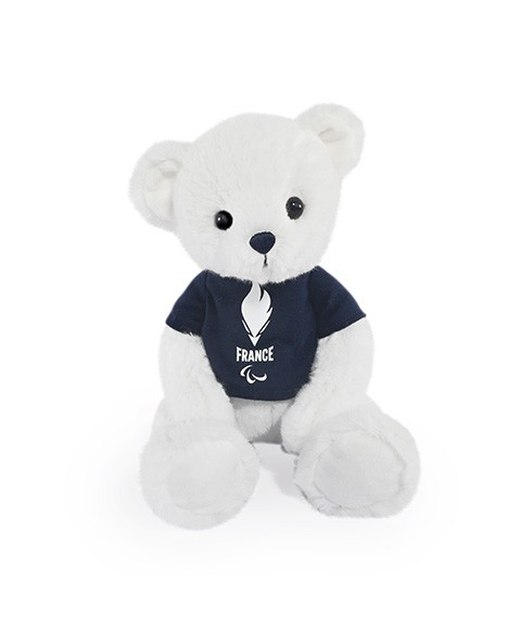 Ours en peluche blanc avec T-shirt équipe de France bleu marine