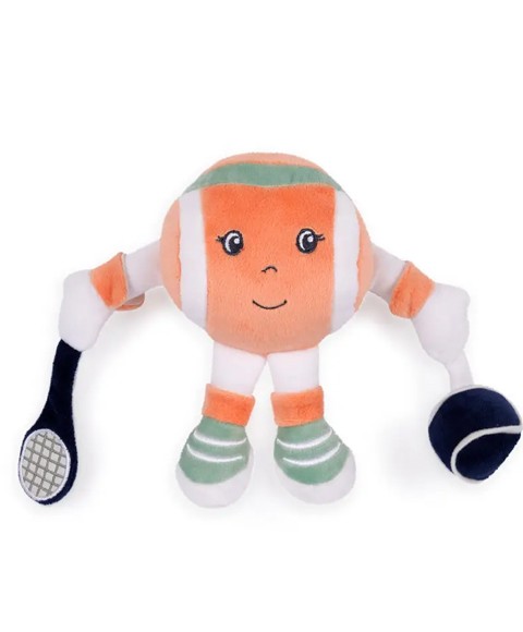 Peluche balle roland garros tenant une raquette et une balle à la main