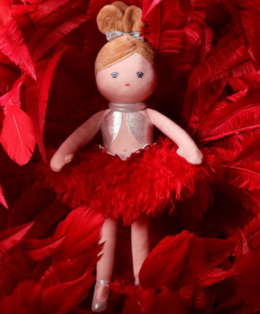 Poupée Chiffon Ballerine de Scène Moulin Rouge avec robe tomate rouge et argenté