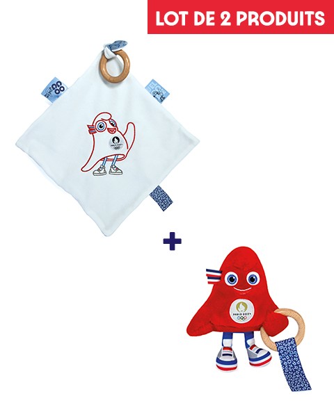 Duo bébé JO Paris 2024 : doudou plat et hochet en bois