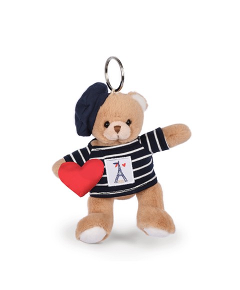Porte-Clé Ours 15  cm avec Marinière Tour Eiffel et béret bleu marine