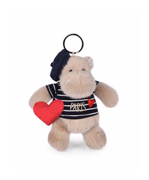 Porte clé hippopotame assis avec béret et marinière- 15 cm