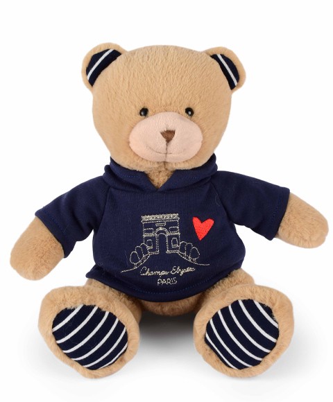 Ours en peluche marron assis avec sweat marine brodé Champs Elysees - 28 cm