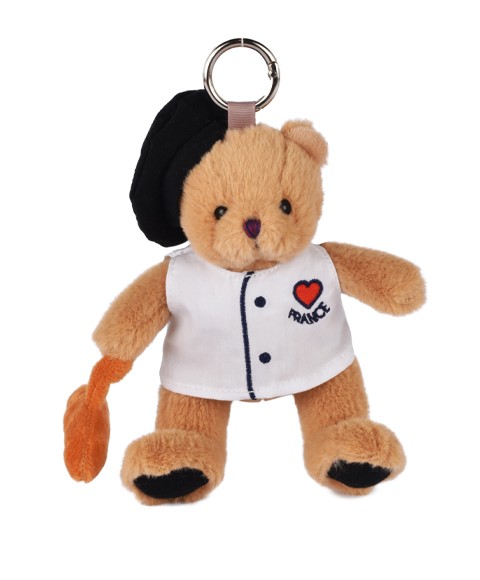 Peluche porte cle Ours beige - Chef avec baguette et beret