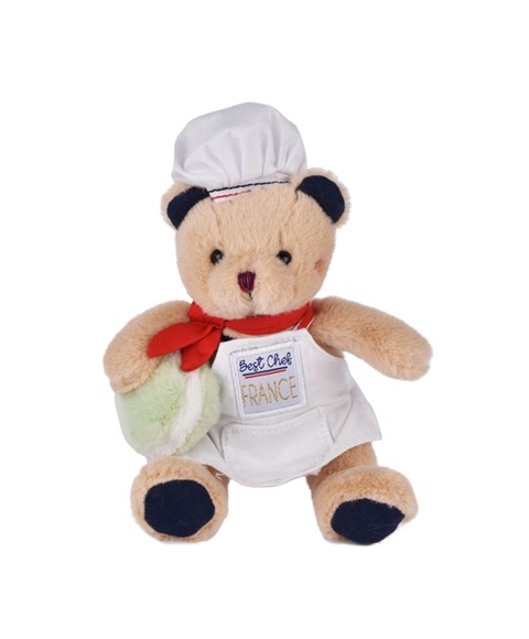 Peluche Ours beige - Chef avec Macaron vert sous le bras