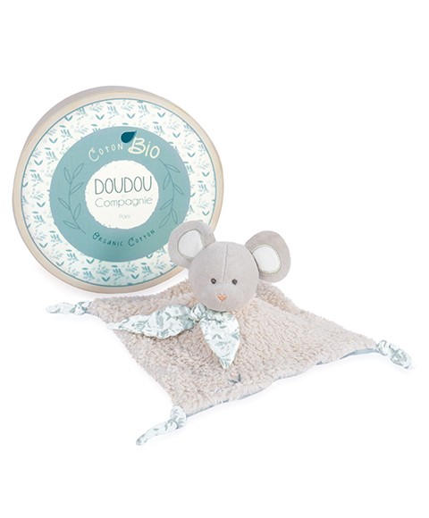 DC3968-Doudou carré plat Souris grise en coton BIO- 25 cm