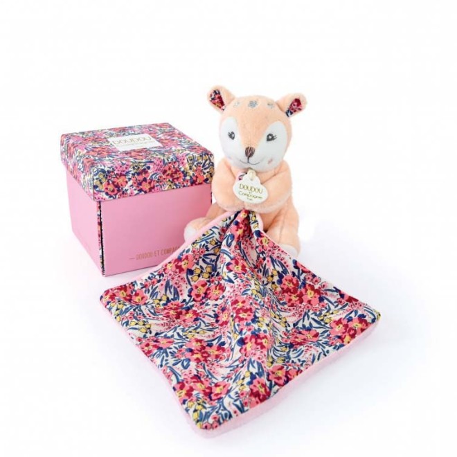 Doudou faon beige avec mouchoir rose à motif liberty - Doudou et Compagnie