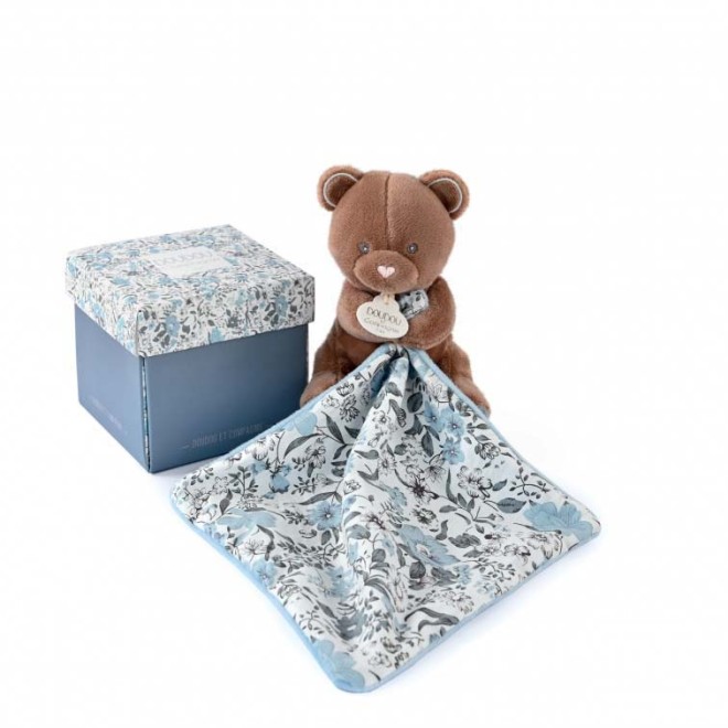 Doudou Ours marron avec mouchoir bleu à motif végetale et boite cadeau - Doudou et Compagnie