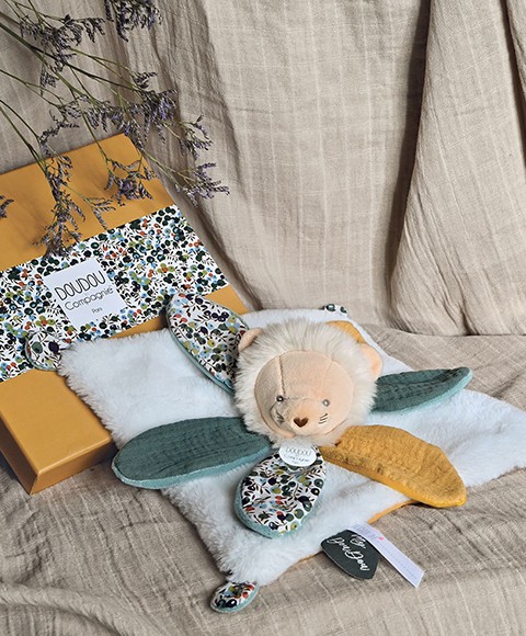 Doudou pétale lion jaune et vert