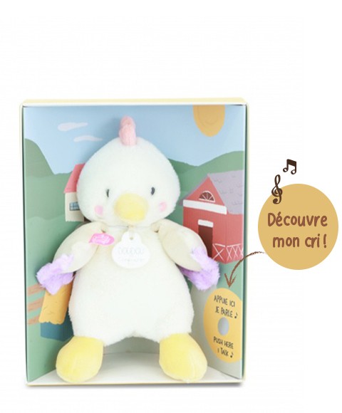 DOUDOU de la ferme avec boite sonore Peluche poule - 17cm