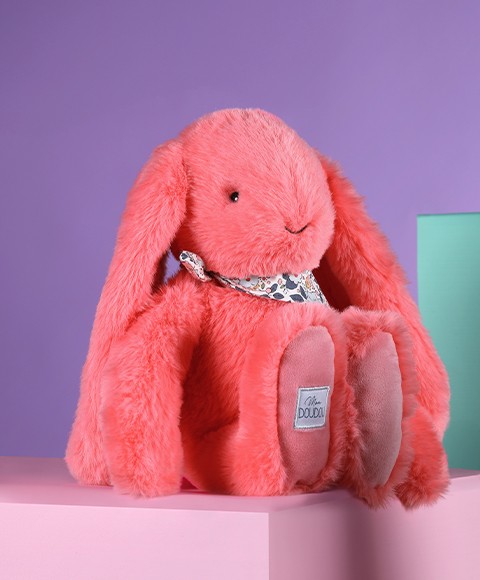 Peluche Lapin rose corail – 35 cm - Lapin Fleurette