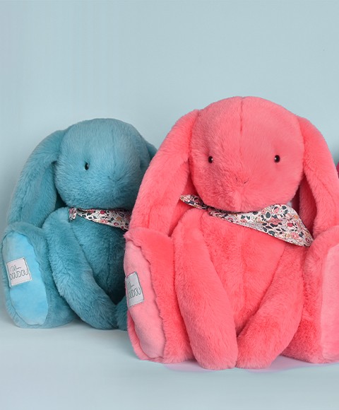 peluche lapin bleu et lapin rose 50cm doudou et compagnie
