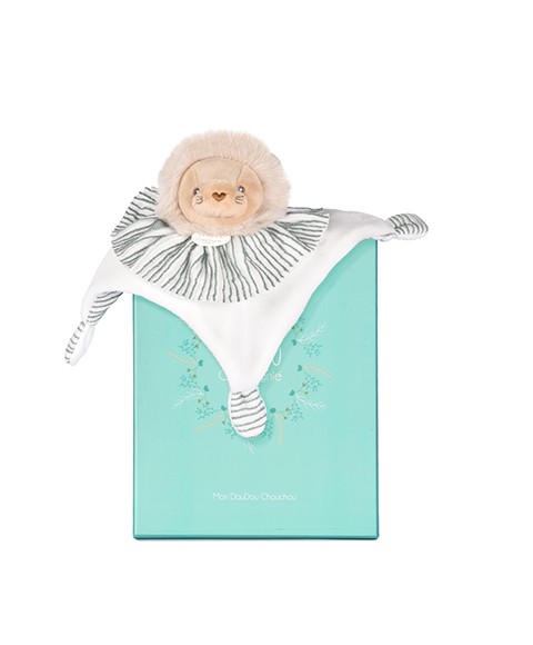 Doudou plat Lion- 20cm - les Chouchoux avec sa boite cadeau