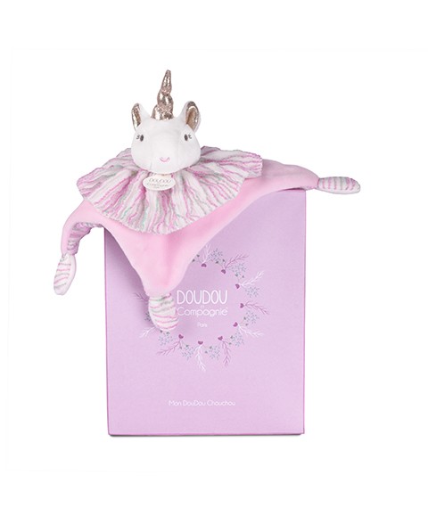 DC4679.Doudou plat licorne rose avec collerette