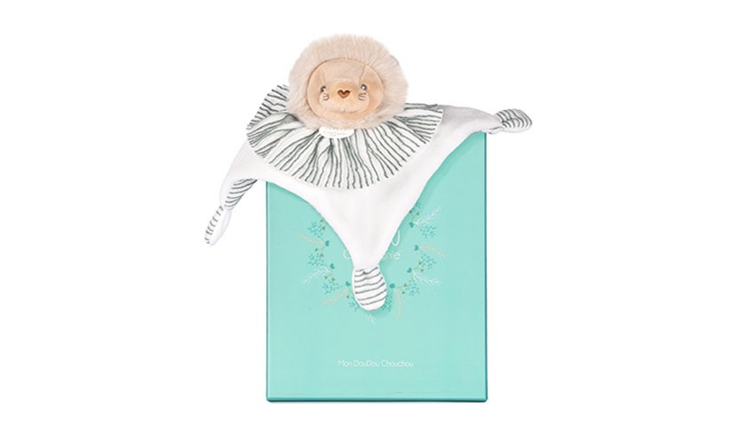 doudou plat lion ivoire et beige avec colerette