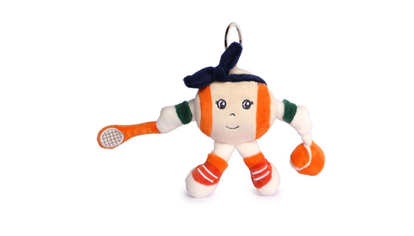 Porte clés balle blanche Roland Garros avec raquette et balle à la patte