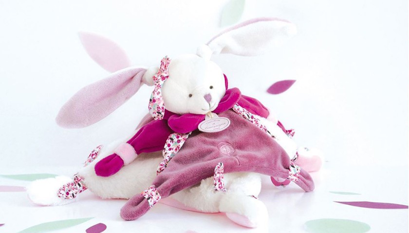 doudou plat lapin cerise rose et écru