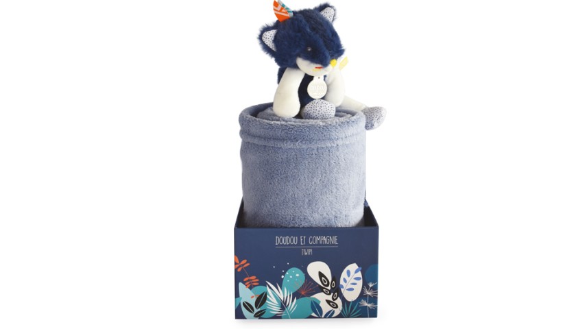 plaid polaire bébé bleu et doudou loup bleu marine