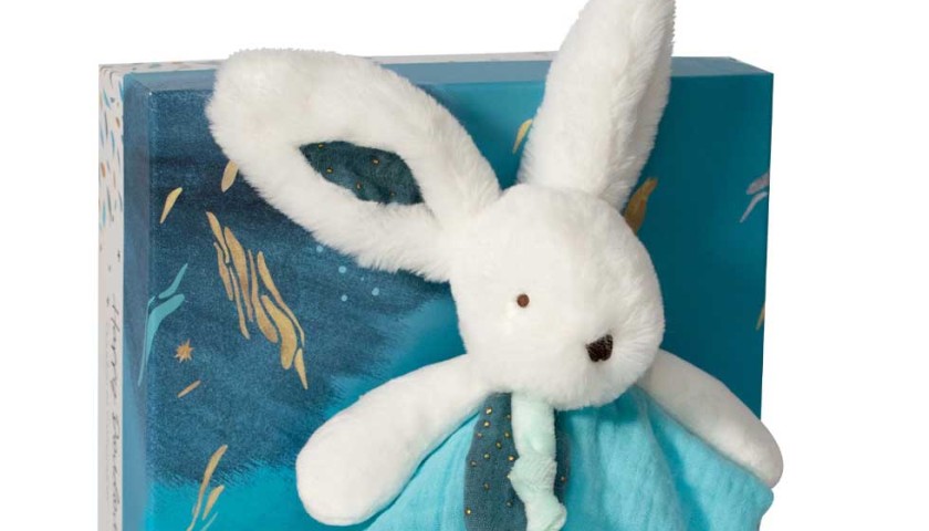 doudou  lapin blanc plat bleu turquoise