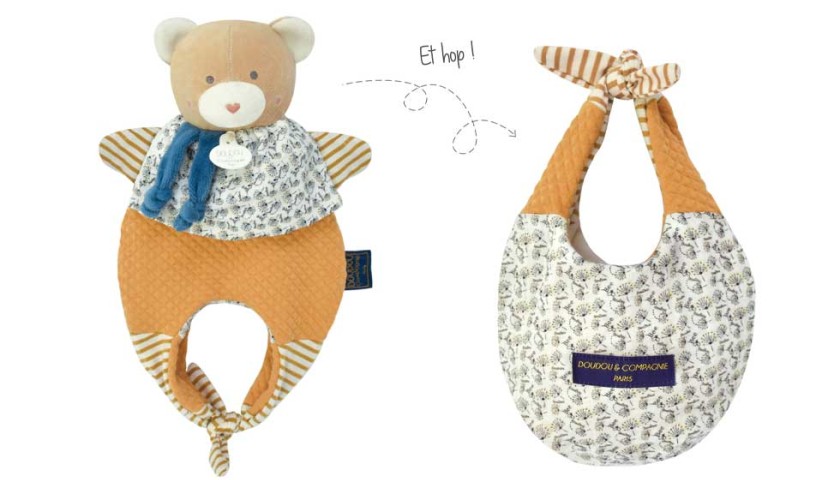 doudou marionnette ours réversible qui se transforme en sac jaune moutarde