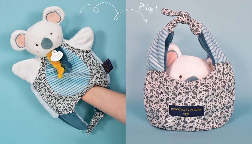 doudou marionnette koala écru qui se transforme en sac au motif fleuri
