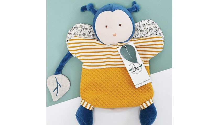 doudou marionnette abeille Pollen en coton bio jaune et bleu