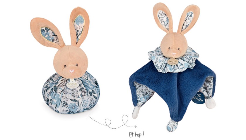 doudou lapin marron se transformant en boule bleu marine